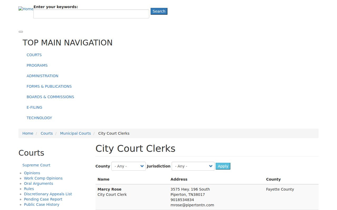Harriman court docket AOC municipal clerk listing